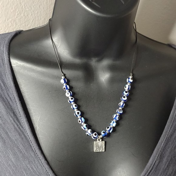 Weird Blue Eyeball Bead Adjustable Length Necklace With Letter M Pendant - Picture 11 of 11